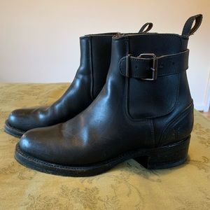 Black leather buckle Frye ankle biker style boots